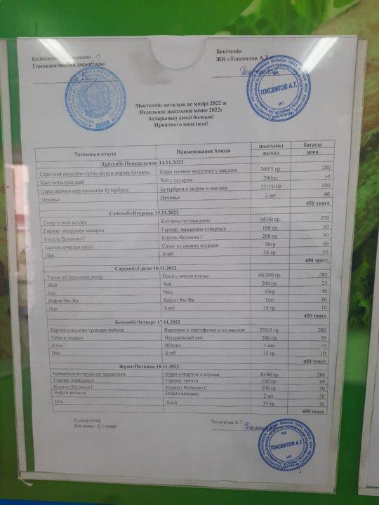 Мектеп асханасындағы оқушылардын тегін тамақтану апталық мәзірі