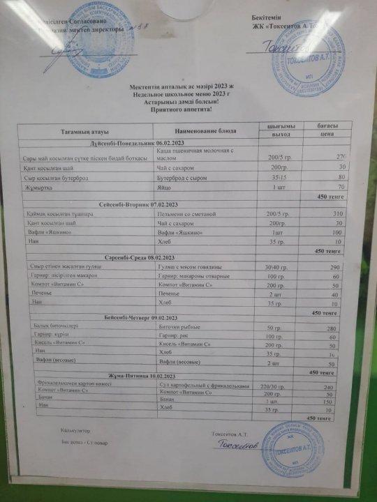 06  - 02 ақпан 2023 жыл аралығындағы тегін ыстық тамақтың менюі