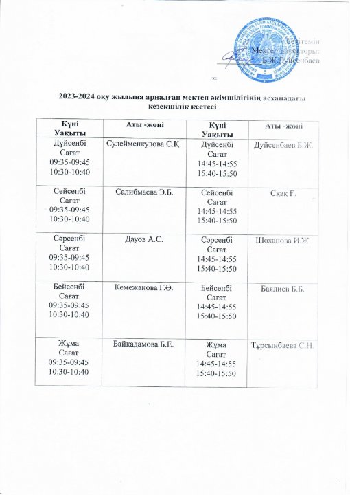 2023-2024 оқу жылына арналған мектеп әкімшілігінің асханадағы кезекшілік кестесі