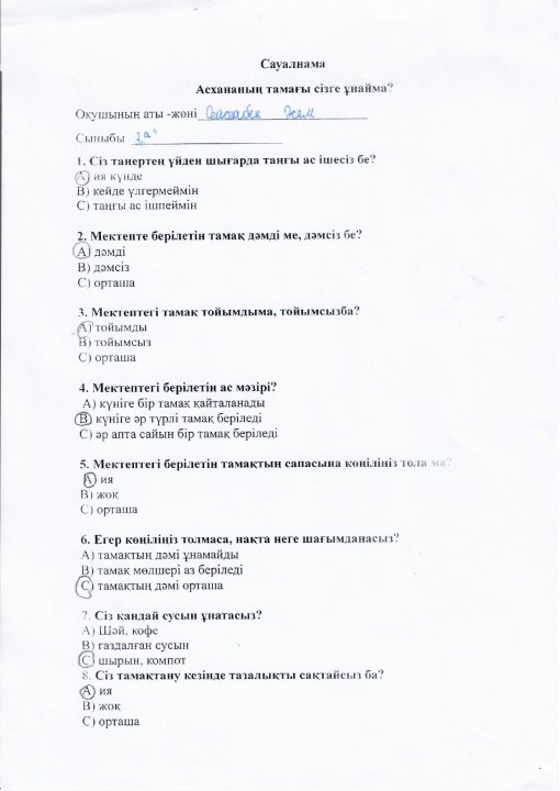Қазан айында бракера́ж жоспарына сәйкес 2-4 сыныптар аралығында "Асхананың тамағы сізге ұнайма" тақырыбы бойынша сауалнама алынды.