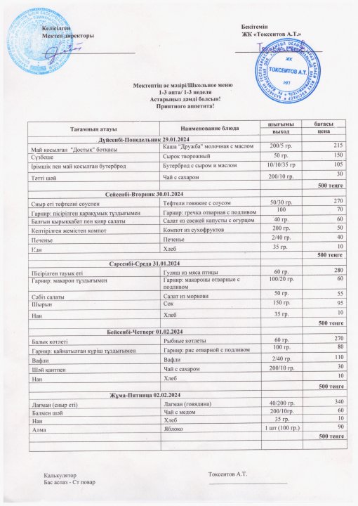 29.01.-02.03.2024 аралылығындағы ас мәзірі