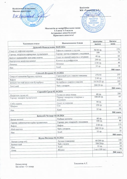 30.09.-04.10 аралығындағы ас мәзірі