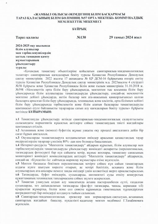 2024-2025 оқу жылындағы мектеп асханасында тамақтану бойынша бұйрықтар