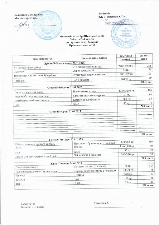 20.01.2025-24.01.2025 аралығындағы ас мәзірі