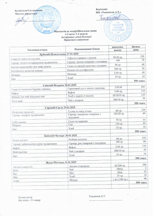 27.01.2025-31.01.2025ж. аралығындағы ас мәзірі