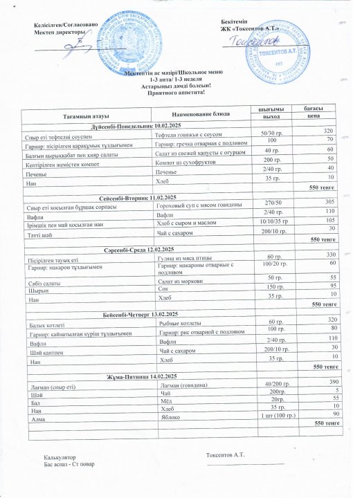 10.02.2025-14.02.2025ж. аралығындағы ас мәзірі