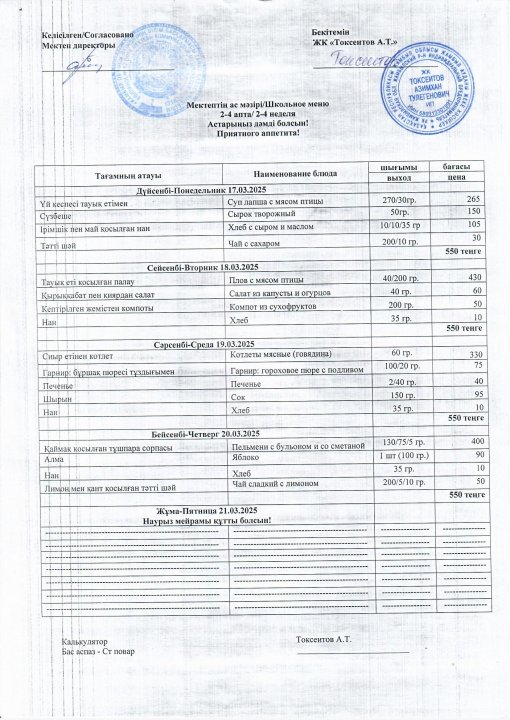 17.03.2025-20.03.2025ж. аралығындағы ас мәзірі